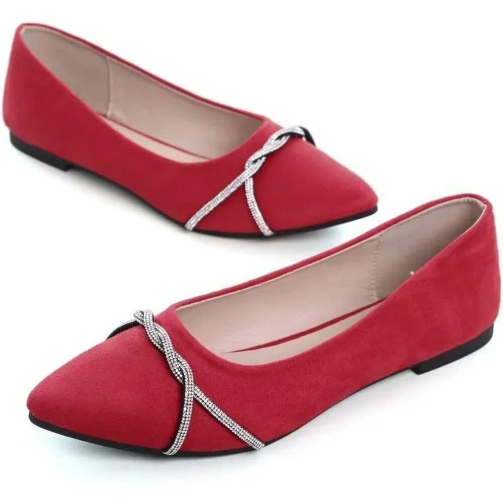 Women's Red Casual Flats Fashion Chain Pointed Toe Ballet Flat Rhinestone